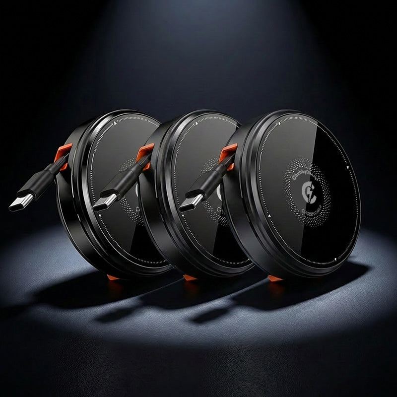 Three black ChubbyCable portable wireless chargers arranged in a row