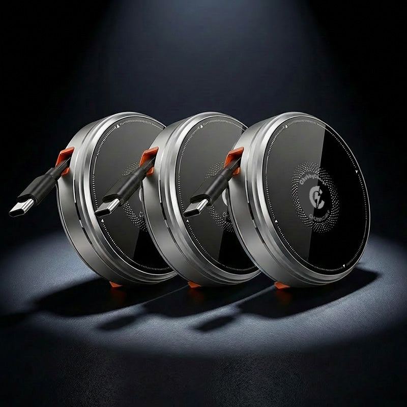 Three silver ChubbyCable portable wireless chargers arranged in a row