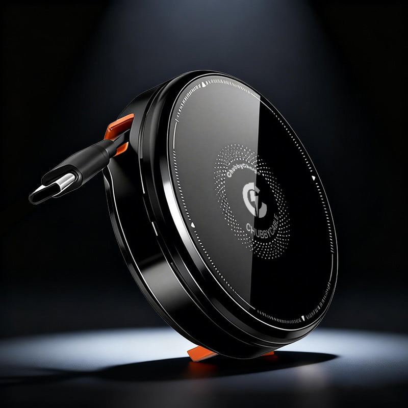 Close-up of black ChubbyCable portable wireless charger