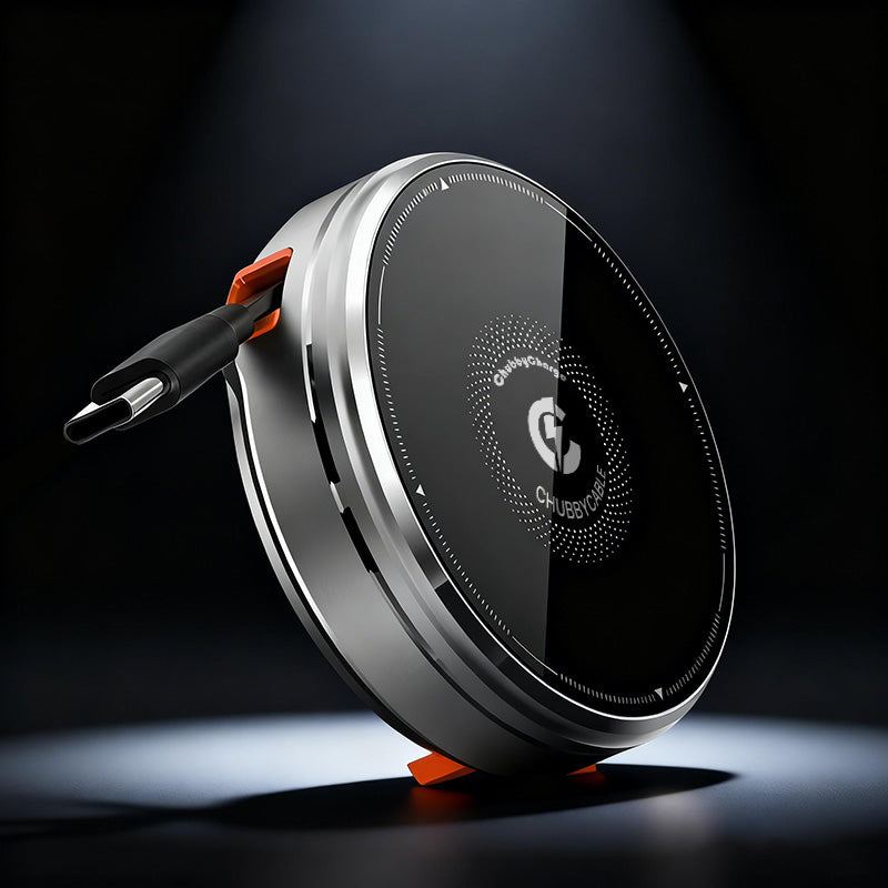Close-up of silver ChubbyCable portable wireless charger