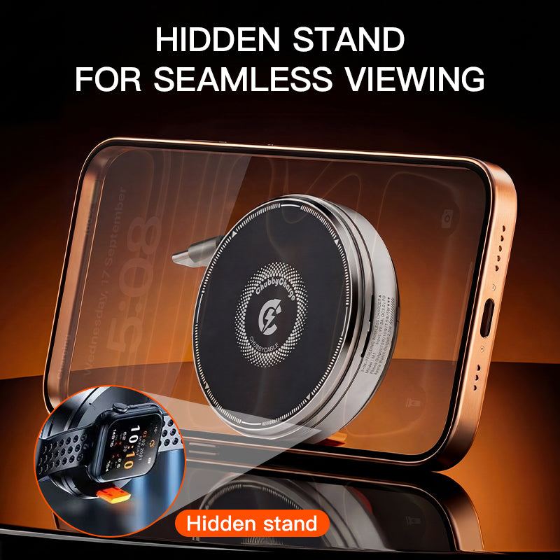 Foldable magnetic wireless charger with integrated phone stand
